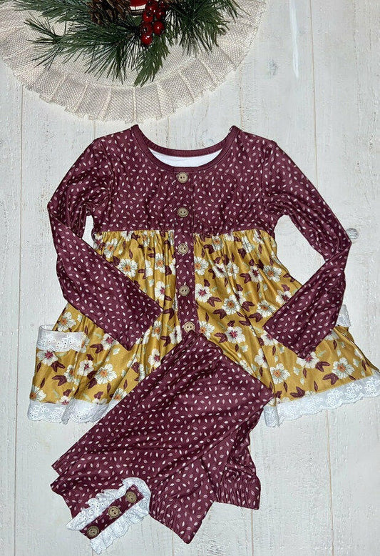 Preorder Baby Girl Fall Wine Flowers Pockets Tunic Top Legging Clothes Set