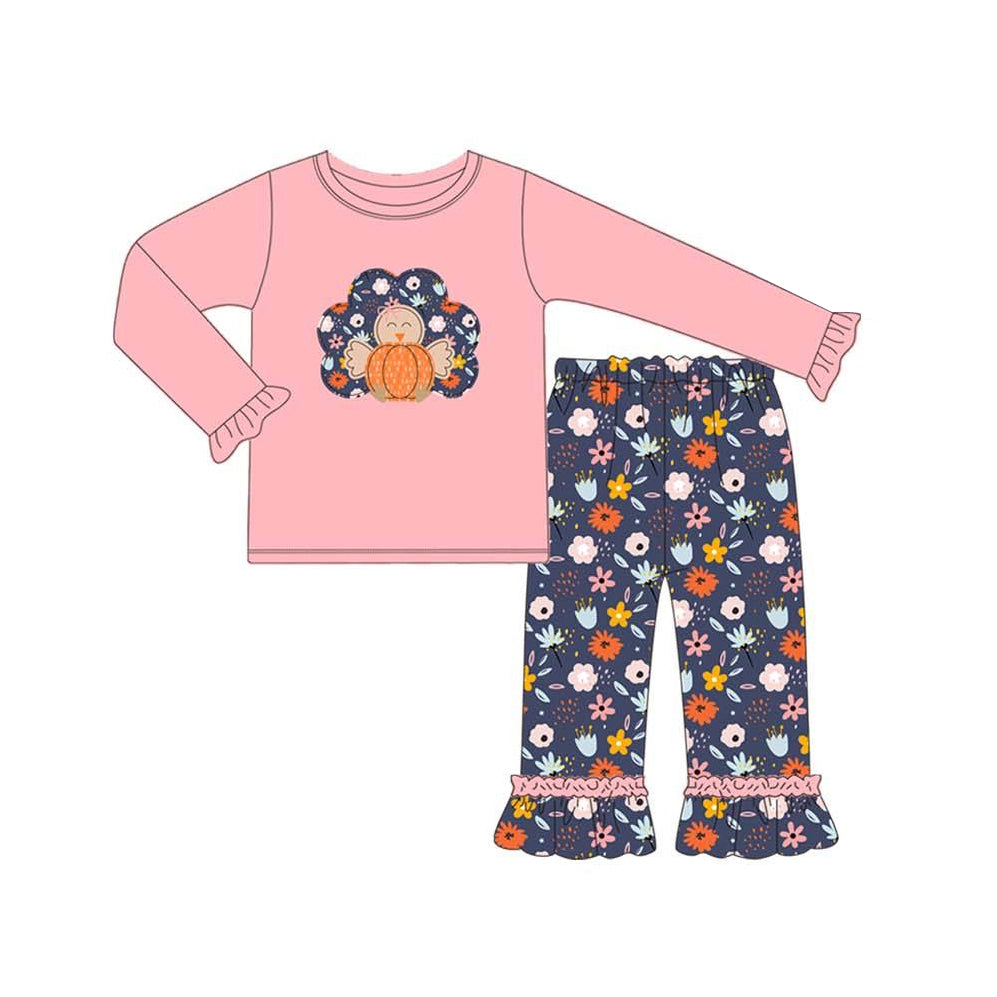 Pre-order Baby Girls Turkey Thanksgiving Top Ruffle Pants Clothes Sets