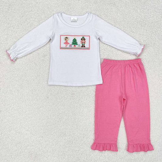 Baby Girl Embroidery Christmas Tree Shirt Pink Pants Set