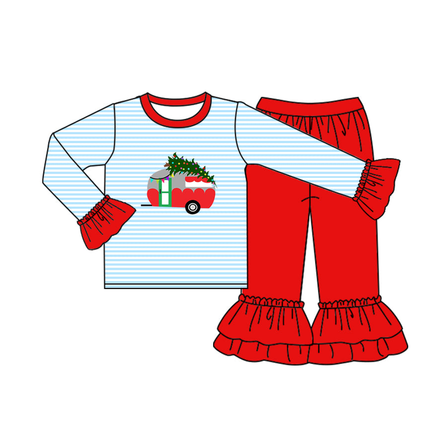 Pre-order Baby Girls Christmas Car Tree Shirt Ruffle Pants Clothes Set