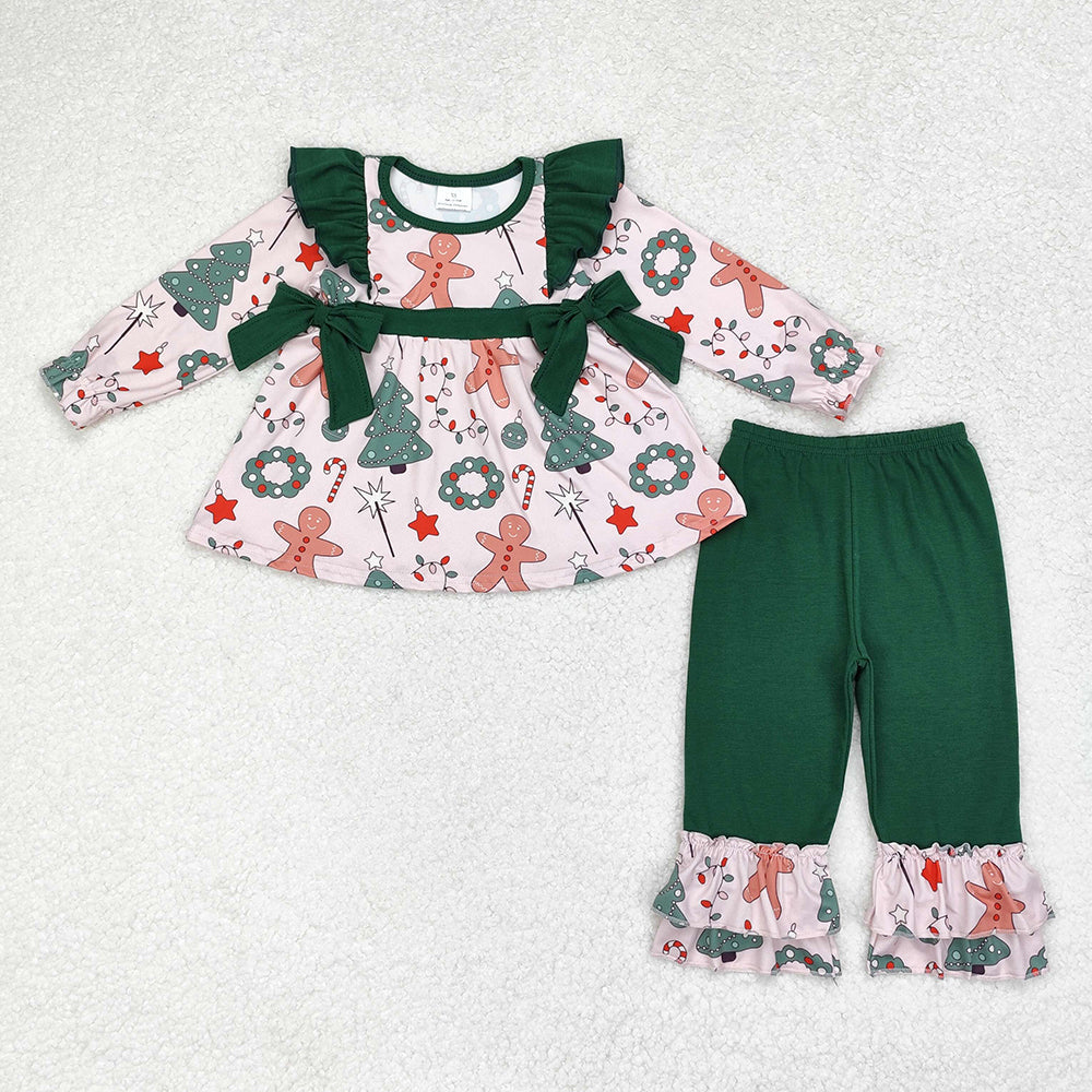 Baby Girl Christmas Gingerbread Bows Tunic Green Pants Set