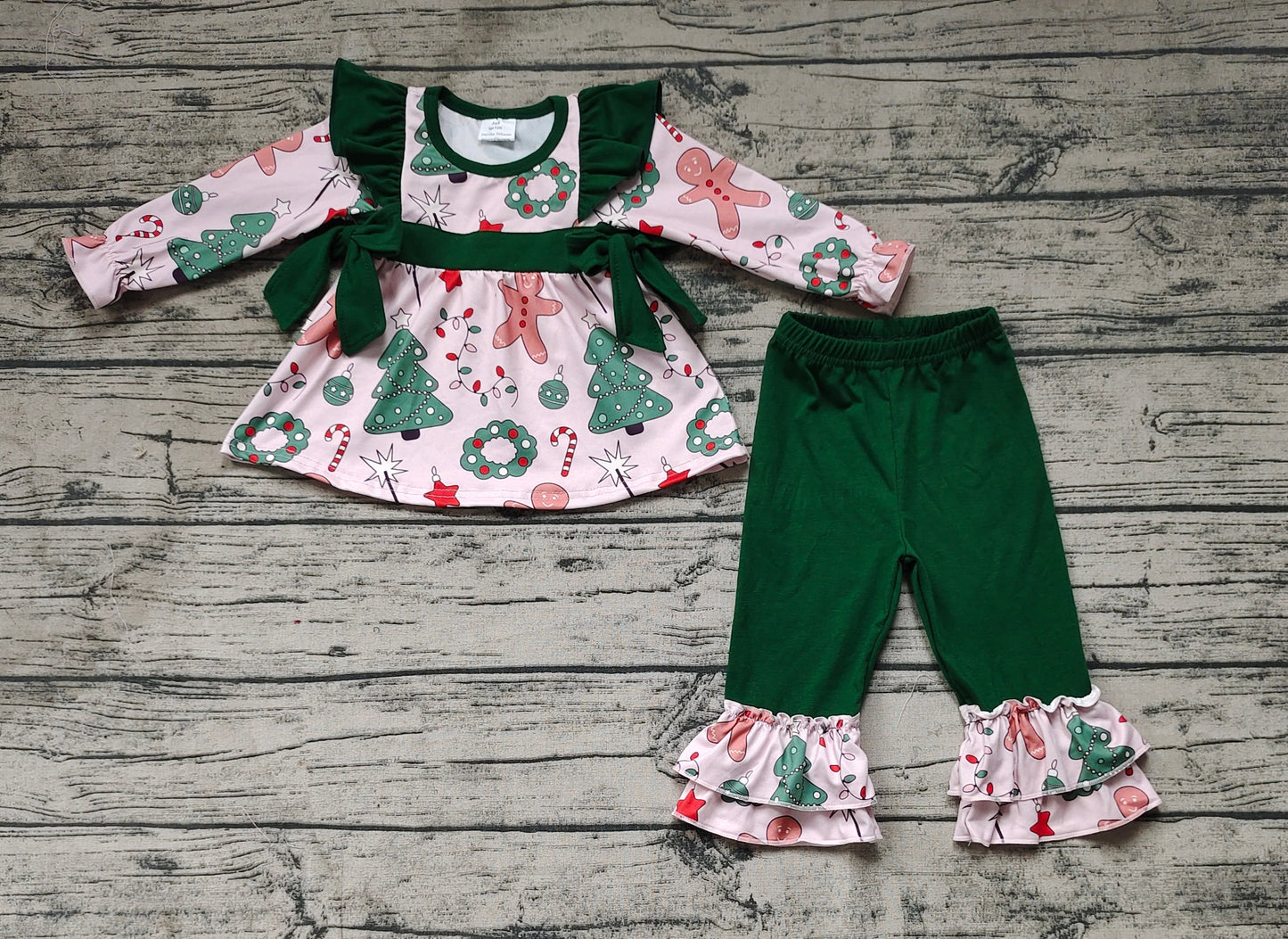 Baby Girl Christmas Gingerbread Bows Tunic Green Pants Set