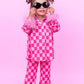 Baby Girl Long Sleeves Pink Checkered Buttons Shirt Pants Fur Pajamas Set