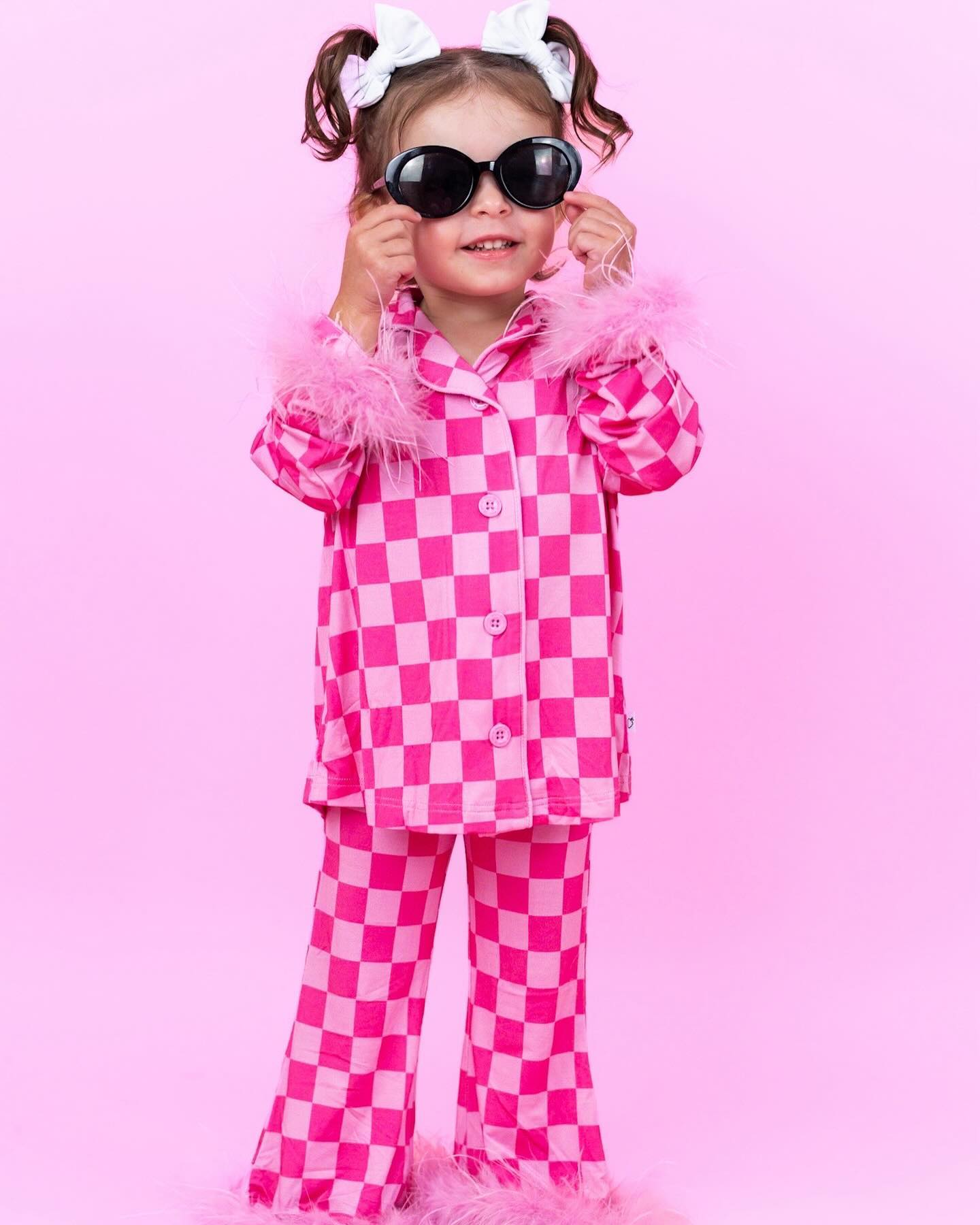 Baby Girl Long Sleeves Pink Checkered Buttons Shirt Pants Fur Pajamas Set