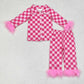 Baby Girl Long Sleeves Pink Checkered Buttons Shirt Pants Fur Pajamas Set