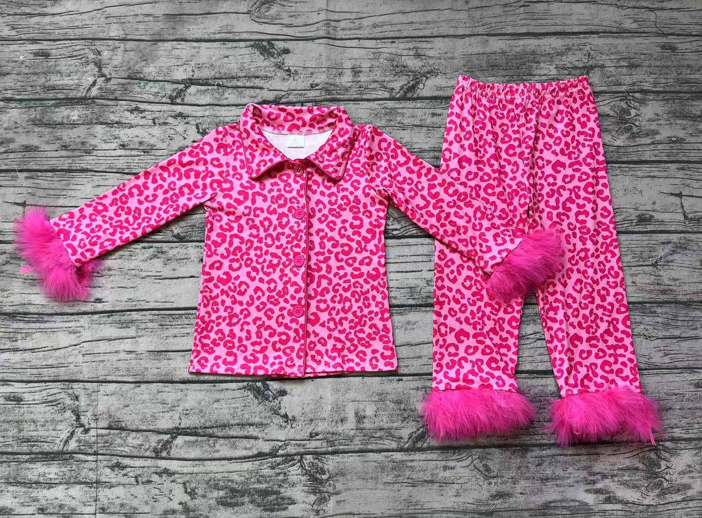 Baby Girl Dark Pink Leopard Buttons Top Pants Pajamas Set