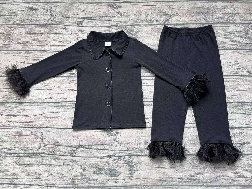 Baby Girl Fur Long Sleeves Black Cotton Buttons Shirt Pants Pajamas Set