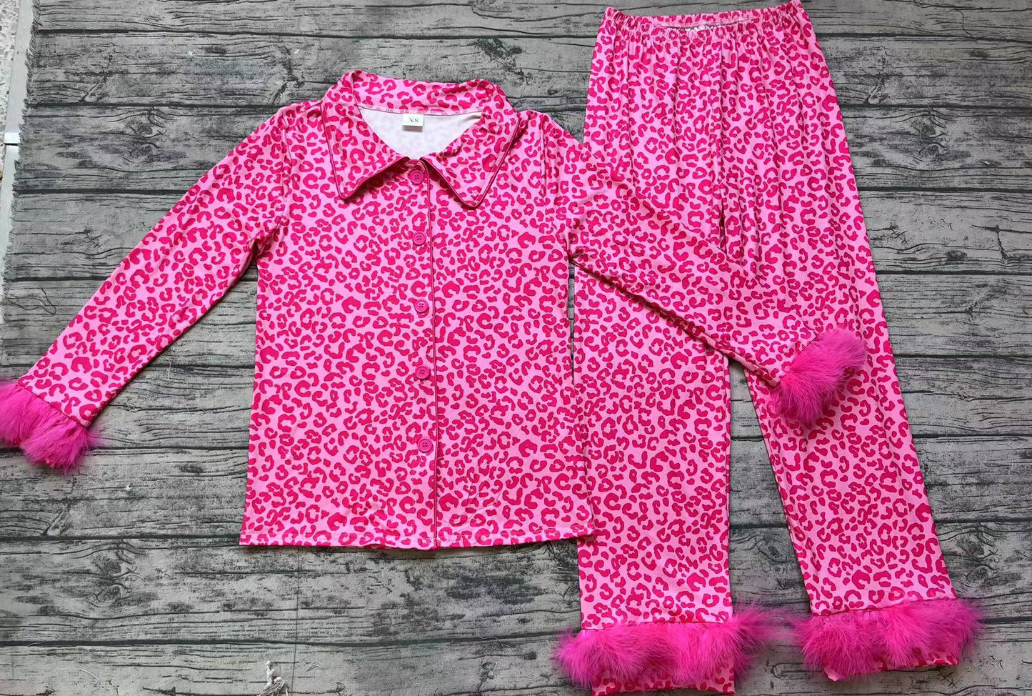 Adult Women Dark Pink Leopard Button Up Top Pants Pajamas