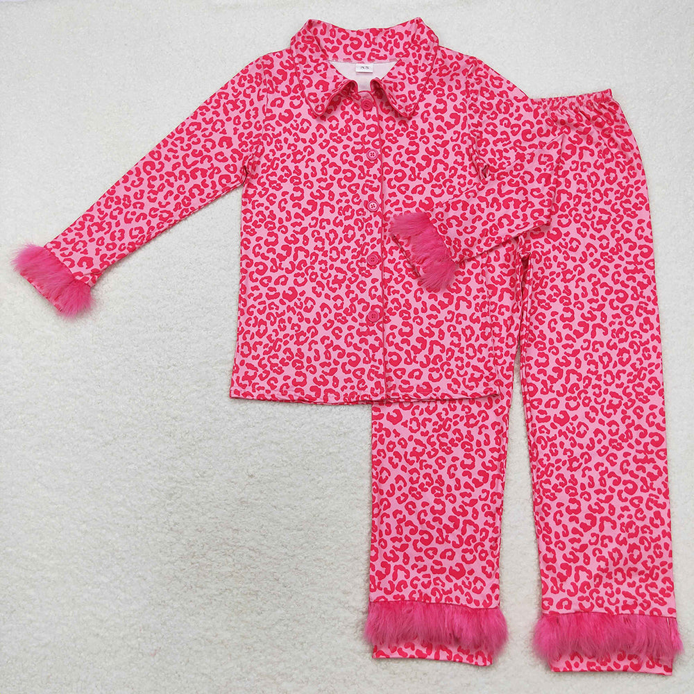 Adult Women Fur Long Sleeves Button Up Shirt Pants Pajamas