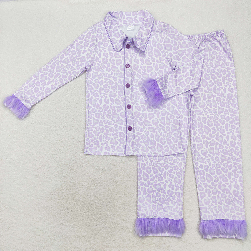 Adult Women Fur Long Sleeves Button Up Shirt Pants Pajamas