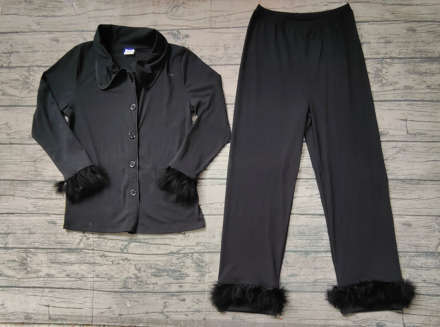 Adult Women Black Cotton Button Up Top Pants Pajamas