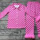 Adult Women Pink Checkered Button Up Shirt Pants Pajamas