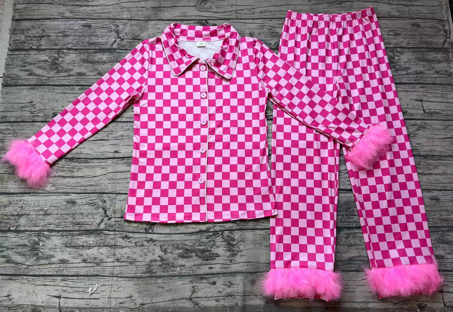 Adult Women Pink Checkered Button Up Shirt Pants Pajamas