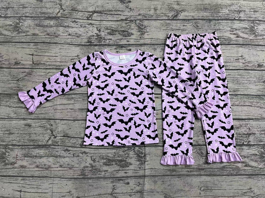 Pre-order Baby Girl Bats Shirt Pants Bamboo Pajamas Halloween Purple Set