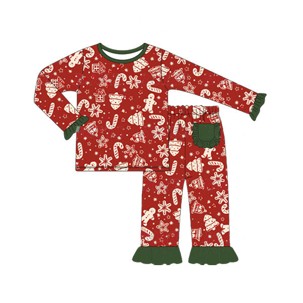 Pre-order Baby Girls Christmas Red Tree Shirt Top Ruffle Pants Pajamas Set