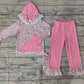 Baby Girl Long Sleeves Flower Hooded Tops Ruffles Pink Pants Set