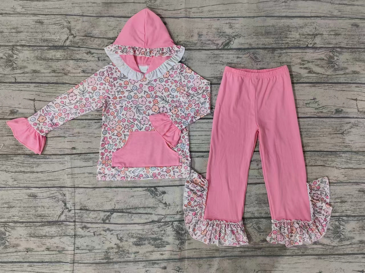 Baby Girl Long Sleeves Flower Hooded Tops Ruffles Pink Pants Set