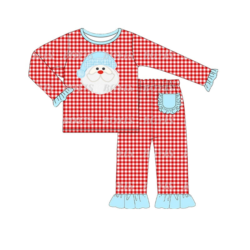 Pre-order Baby Girls Christmas Checkered Santa Top Ruffle Pants Set