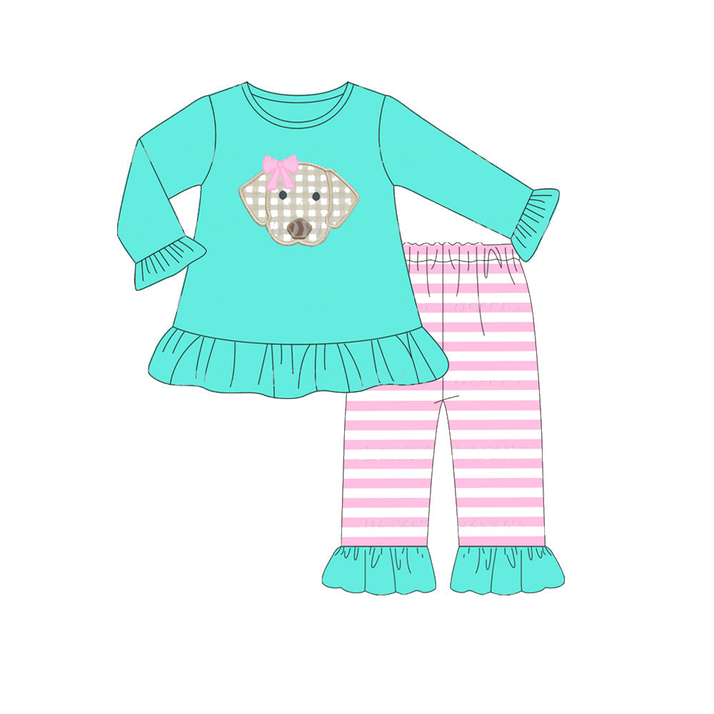 Pre-order Baby Girls Blue Dog Tops Pink Stripes Pants Clothes Set