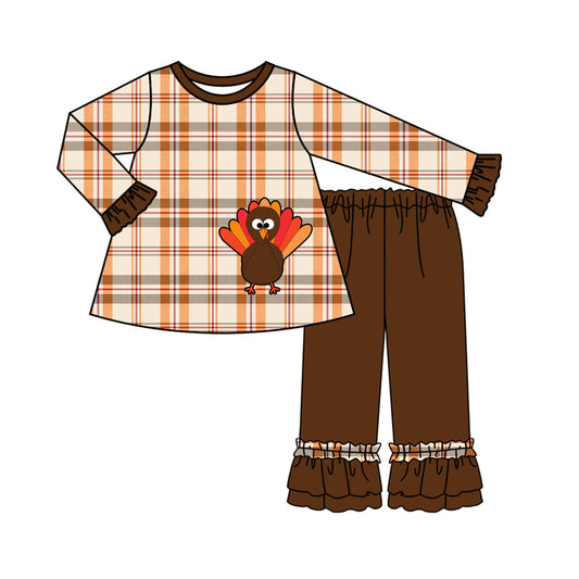 Pre-order Baby Girls Brown Checkered Turkey Tunic Ruffle Pants Set