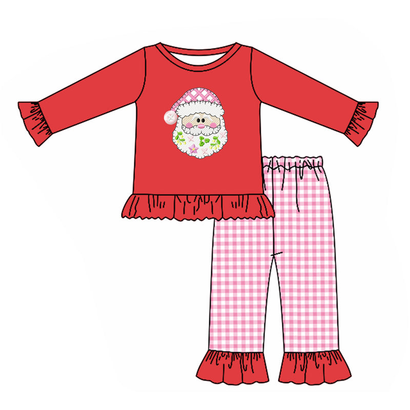 Pre-order Baby Girls Christmas Santa Shirt Pink Checkered Pants Set