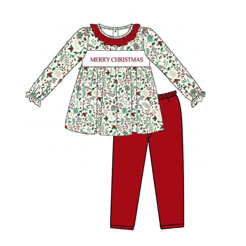 Pre-order Baby Girl Merry Christmas Flower Tops Red Pants Outfit