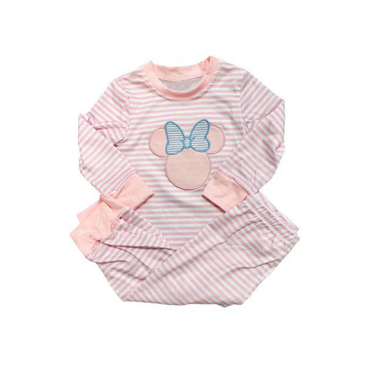 Pre-order Baby Girl Long Sleeves Mouse Shirt Stripes Pants Pink Pajamas Set