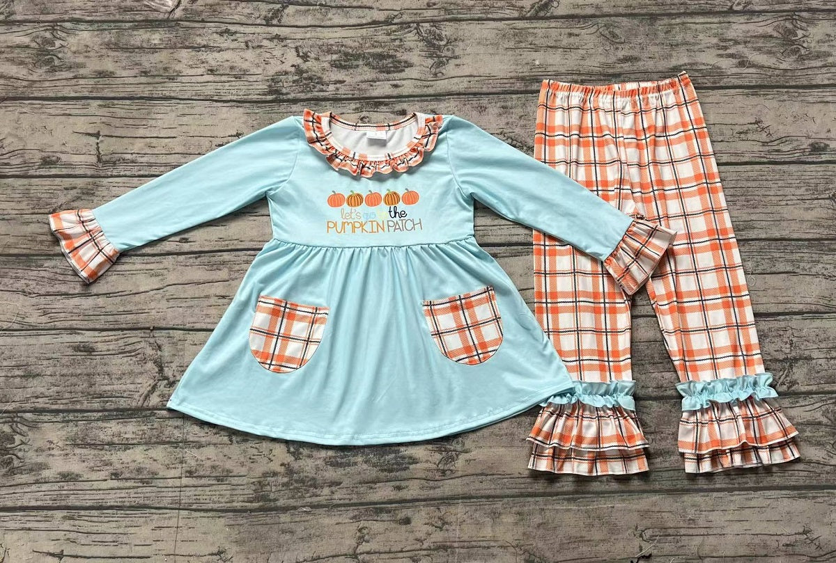 Baby Girl Long Sleeves Pumpkin Pocket Tops Plaid Pants Fall Set