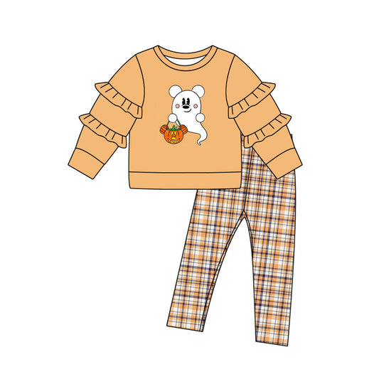 Pre-order Baby Girl Halloween Ghost Pumpkin Orange Checkered Pants Set