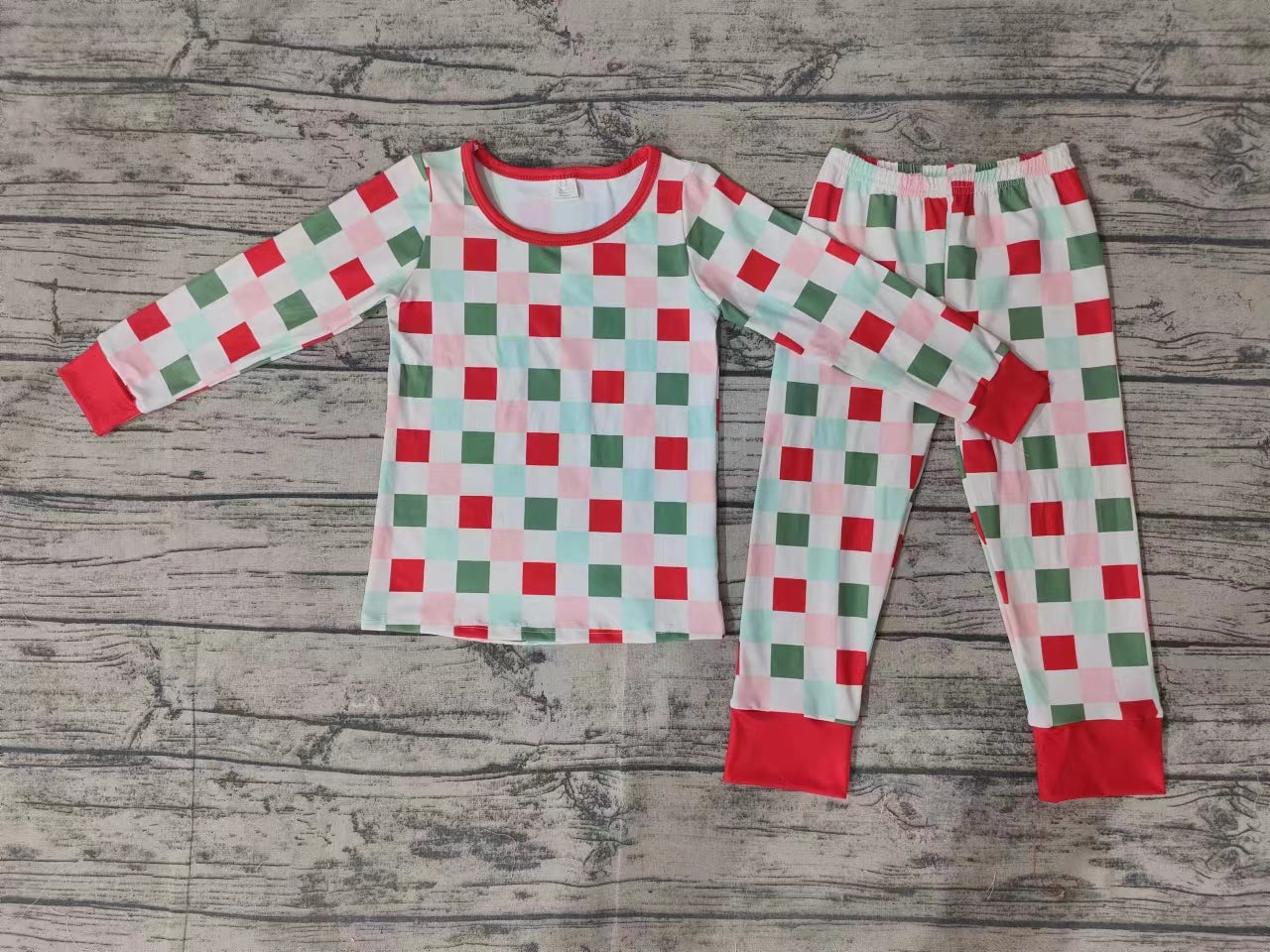 Baby Kids Christmas Checkered Long Sleeves Pants Pajamas Se