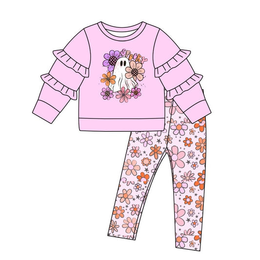 Pre-order Baby Girl Halloween Ghost Tops Flower Pants Pink Set