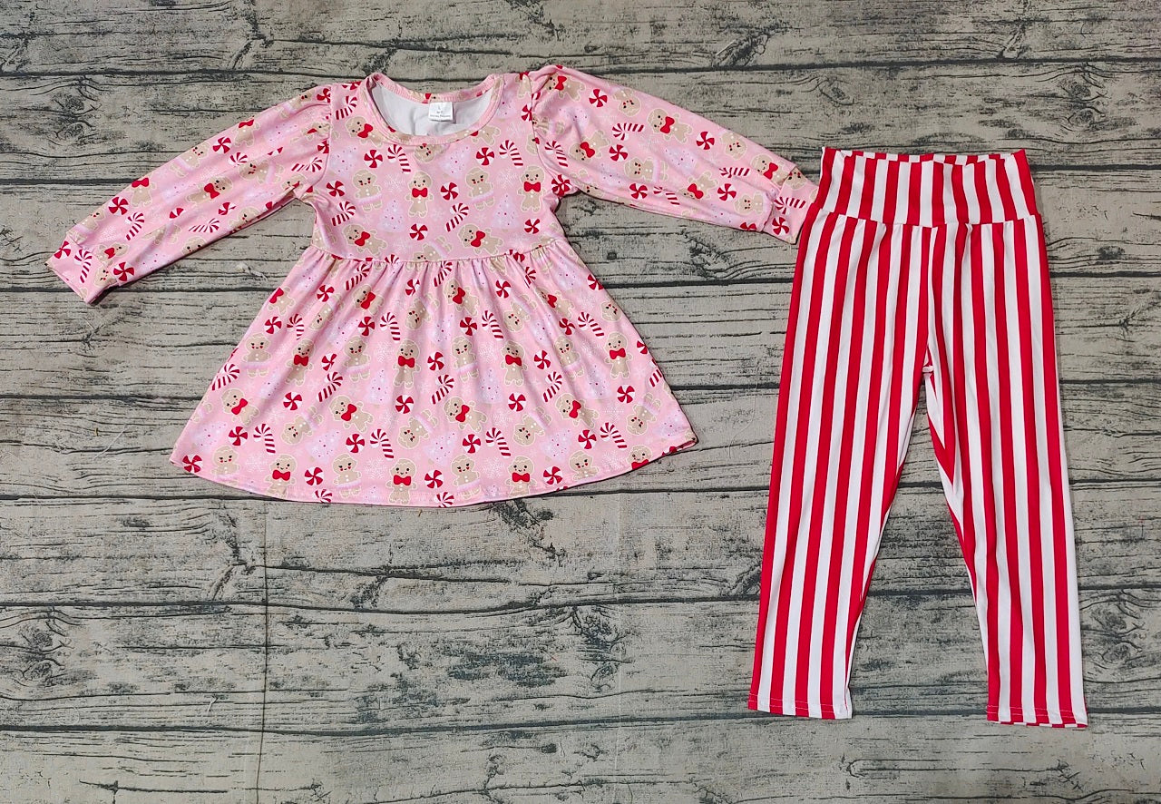 Baby Girl Long Sleeves Christmas Gingerbread Tunic Stripes Pants Set