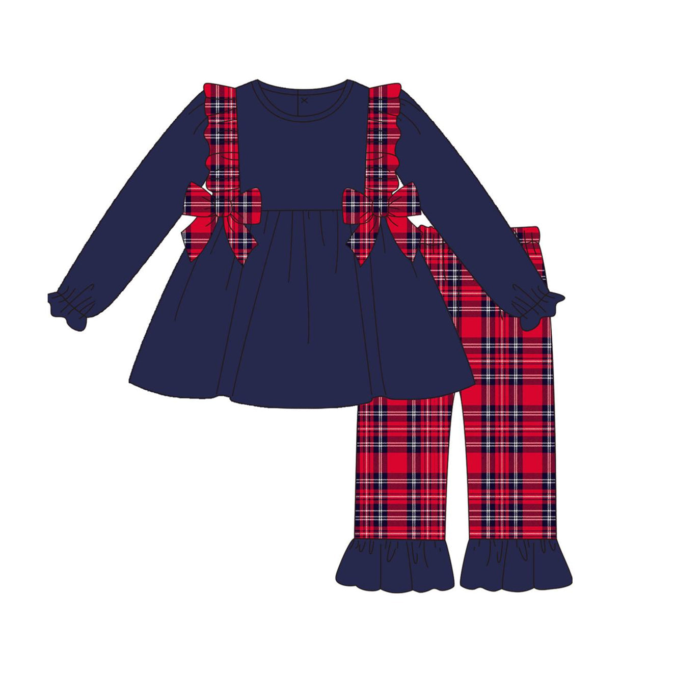 Pre-order Baby Girl Long Sleeves Navy Blue Tunic Plaid Pants Christmas Set