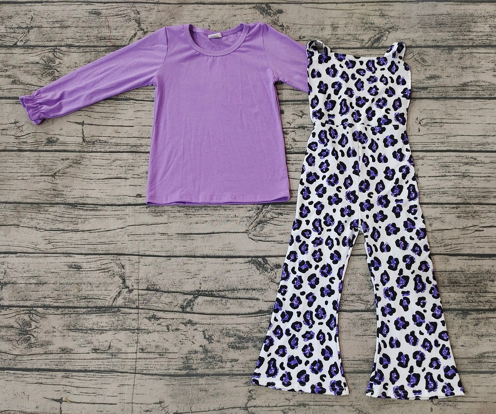 Baby Girl Long Sleeves Purple Shirt Leopard Jumpsuit Set