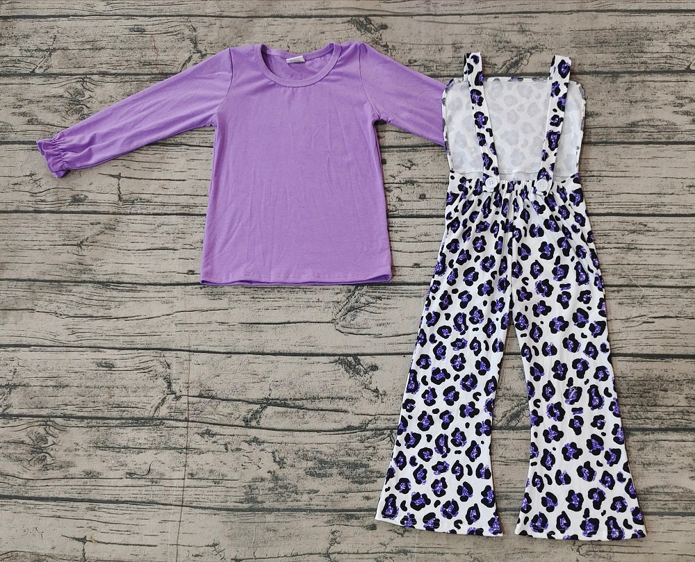 Baby Girl Long Sleeves Purple Shirt Leopard Jumpsuit Set