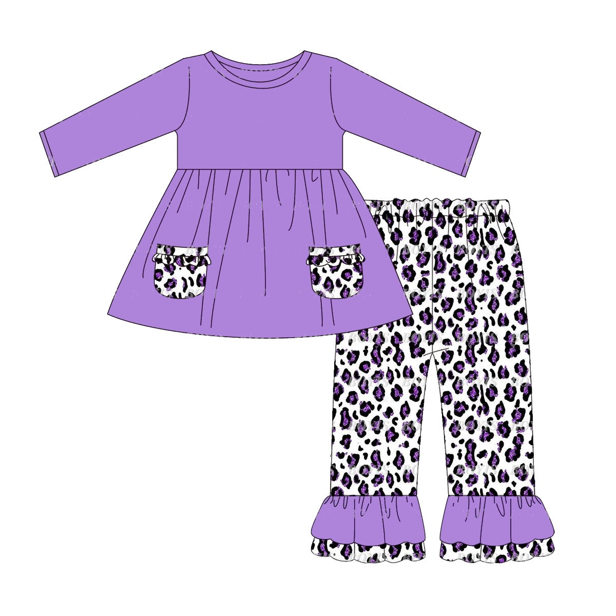 Pre-order Baby Girls Pockets Purple Tops Leopard Ruffle Pants Set