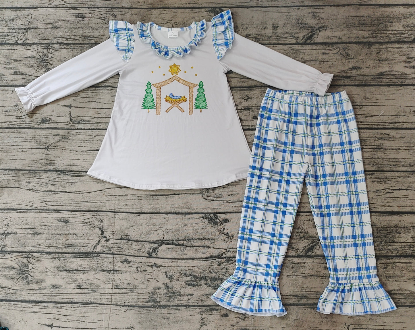 Baby Girl Long Sleeves Nativity House Tunic Plaid Pants Set