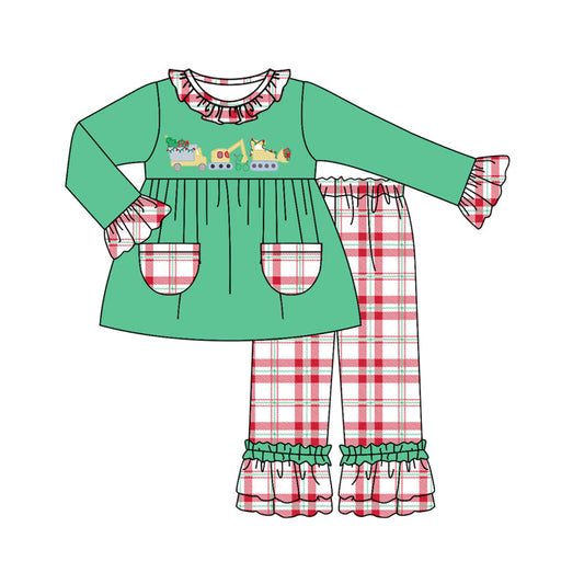 Pre-order Baby Girl Christmas Tractor Green Tops Plaid Pants Set