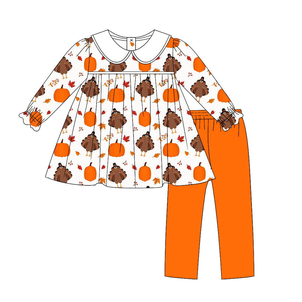 Pre-order Baby Girl turkey Thanksgiving Tunic Orange Pants Clothes Set