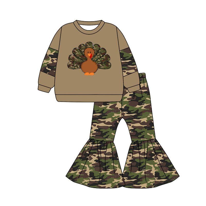 Pre-order Baby Girl Thanksgiving turkey Tops Camo Bell Pants Clothes Set