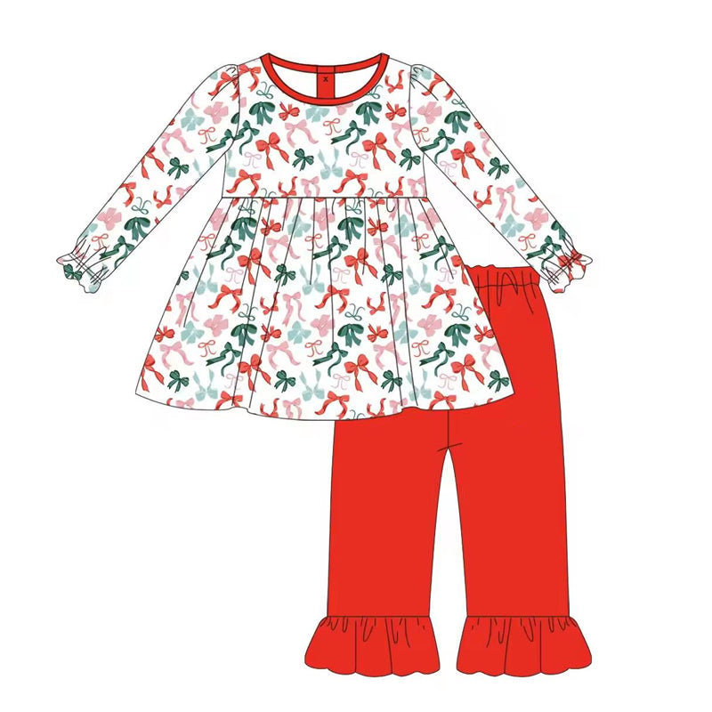 Pre-order Baby Girl Christmas Bows Tunic Red Pants Clothes Set
