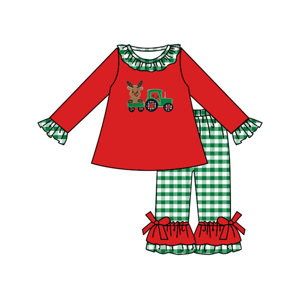 Pre-order Baby Girl Christmas Tractor Deer Red Tops Green Plaid Pants Set