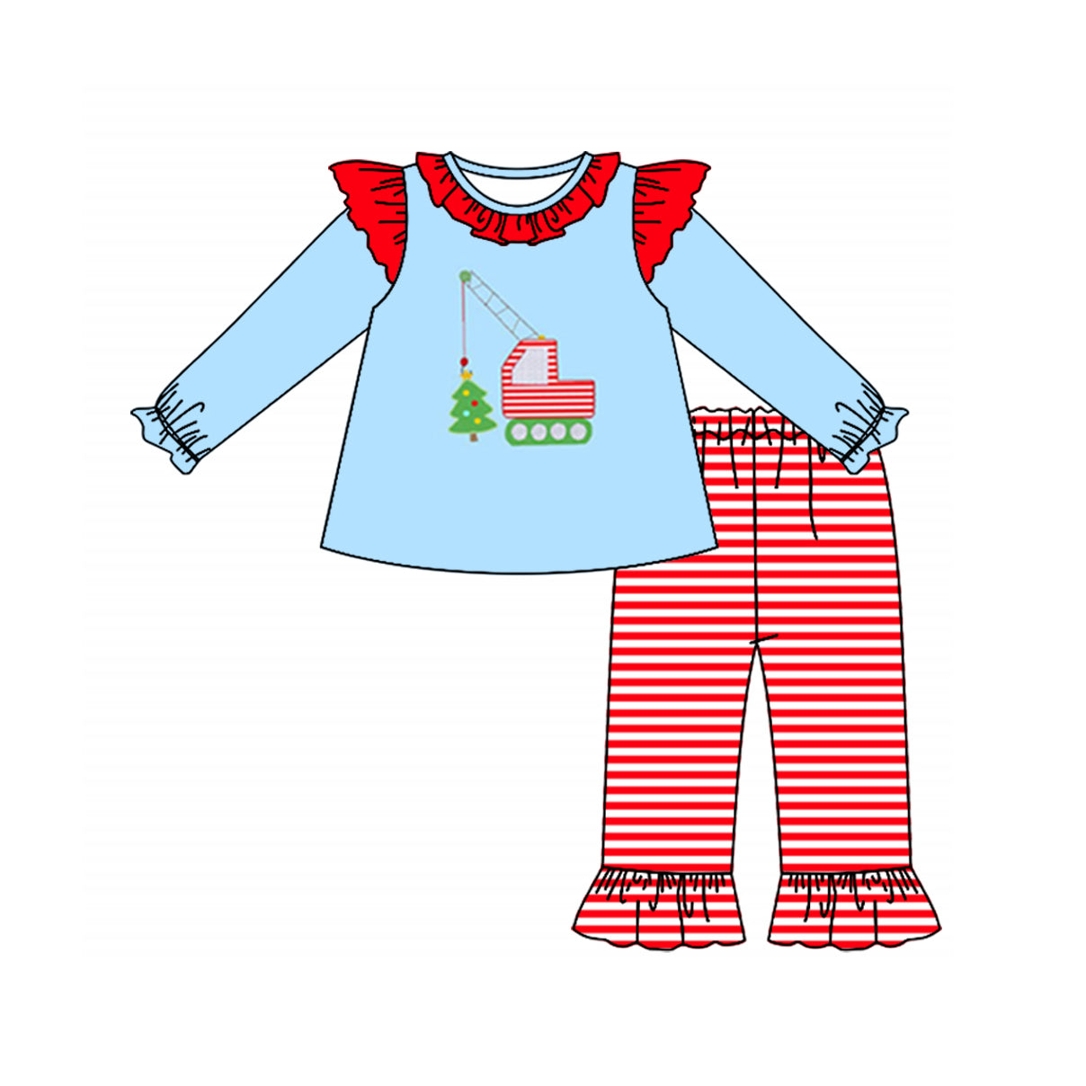 Pre-order Baby Girl Christmas Tree Truck Tops Red Stripes Pants Set