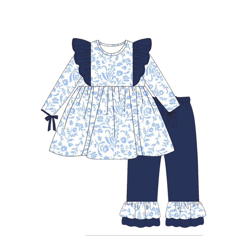 Pre-order Baby Girl Blue Flower Tunic Ruffle Pants Clothes Set
