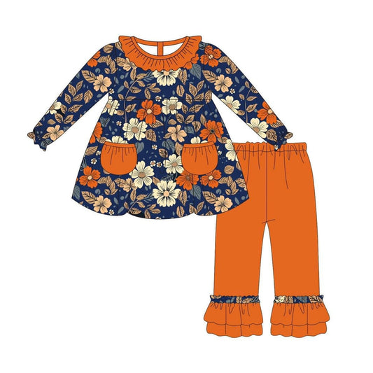 Pre-order Baby Girl Flowers Pockets Tunic Ruffle Orange Pants Set