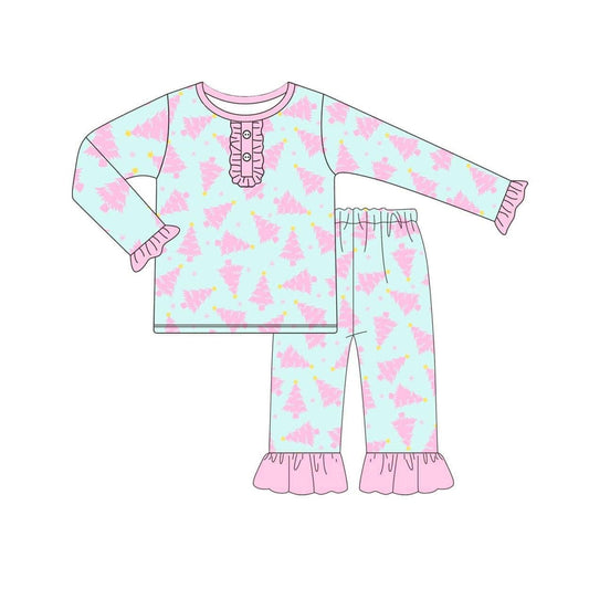 Preorder Baby Girls Christmas Pink Trees Shirt Pants Pajamas Set