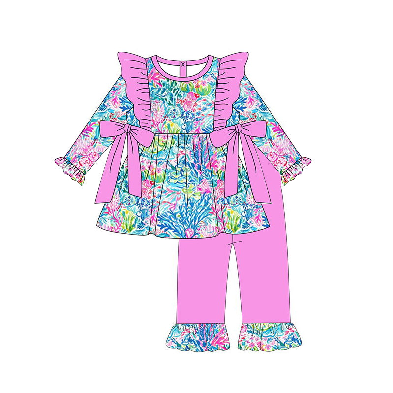 Pre-order Baby Girl Seaweed Bows Tunic Ruffle Pants Pink Set