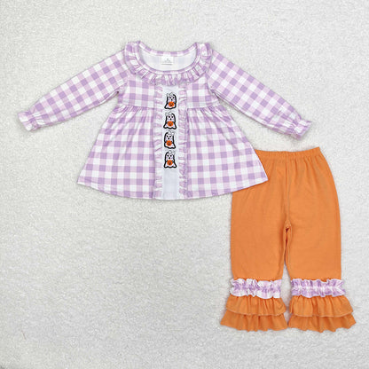 Baby Girl Embroidery Ghost Pumpkin Sibling Sister Purple Checkered Halloween Clothes Set