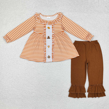 Baby Girl Thanksgiving Embroidery turkey Sibling Romper Clothes Set