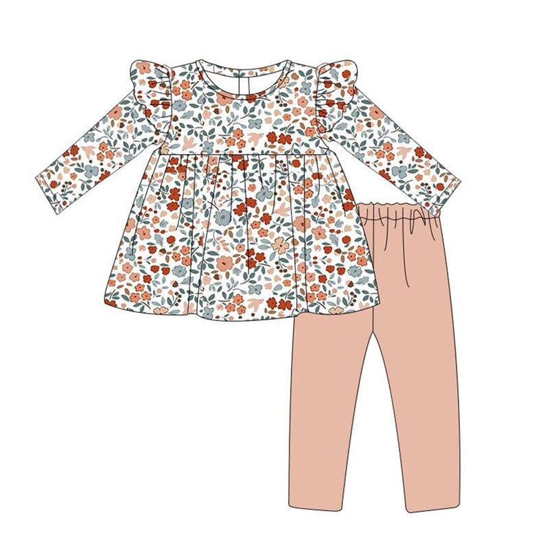 Pre-order Baby Girl Flowers Tunic Tops Cotton Pants Fall Set